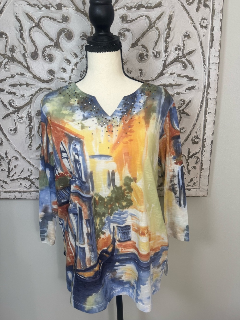 Alfred Dunner Multicolor Watercolor V-Neck Tunic with Stud Accents